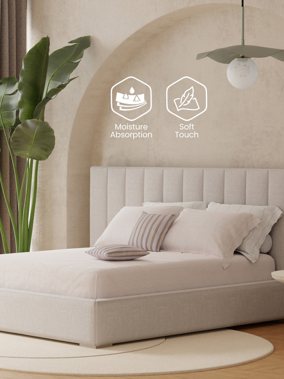 100% Cotton King Bedsheet Set with 4 Pillow Covers & 2 Cushion Covers, 400 TC Cream Stripes, Royal Essence