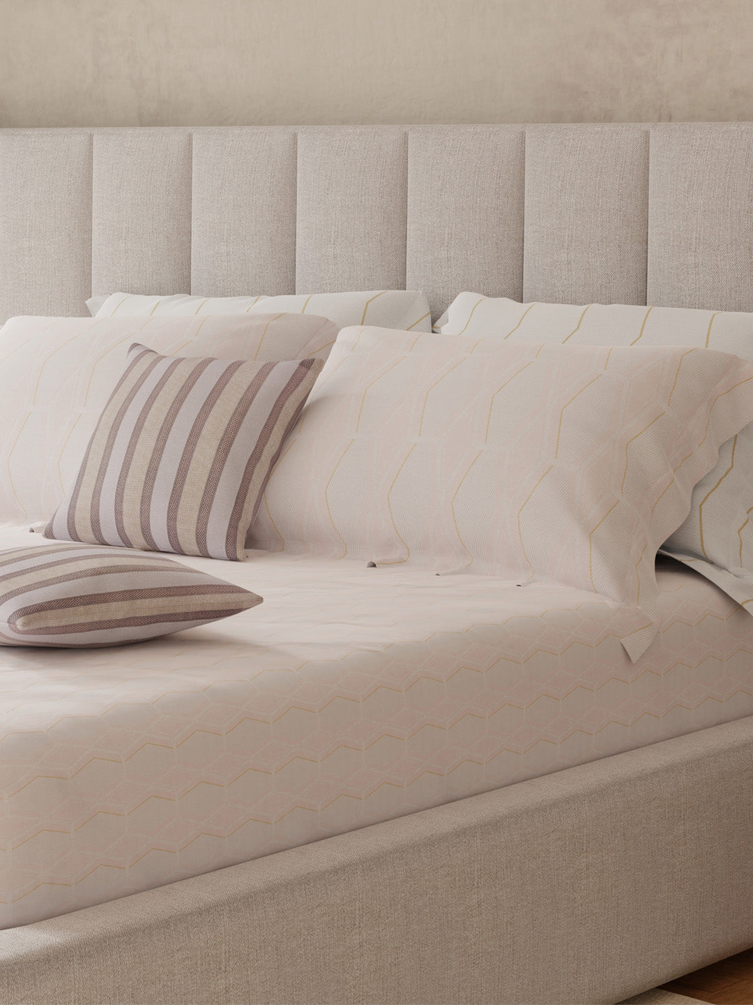 100% Cotton King Bedsheet Set with 4 Pillow Covers & 2 Cushion Covers, 400 TC Cream Stripes, Royal Essence