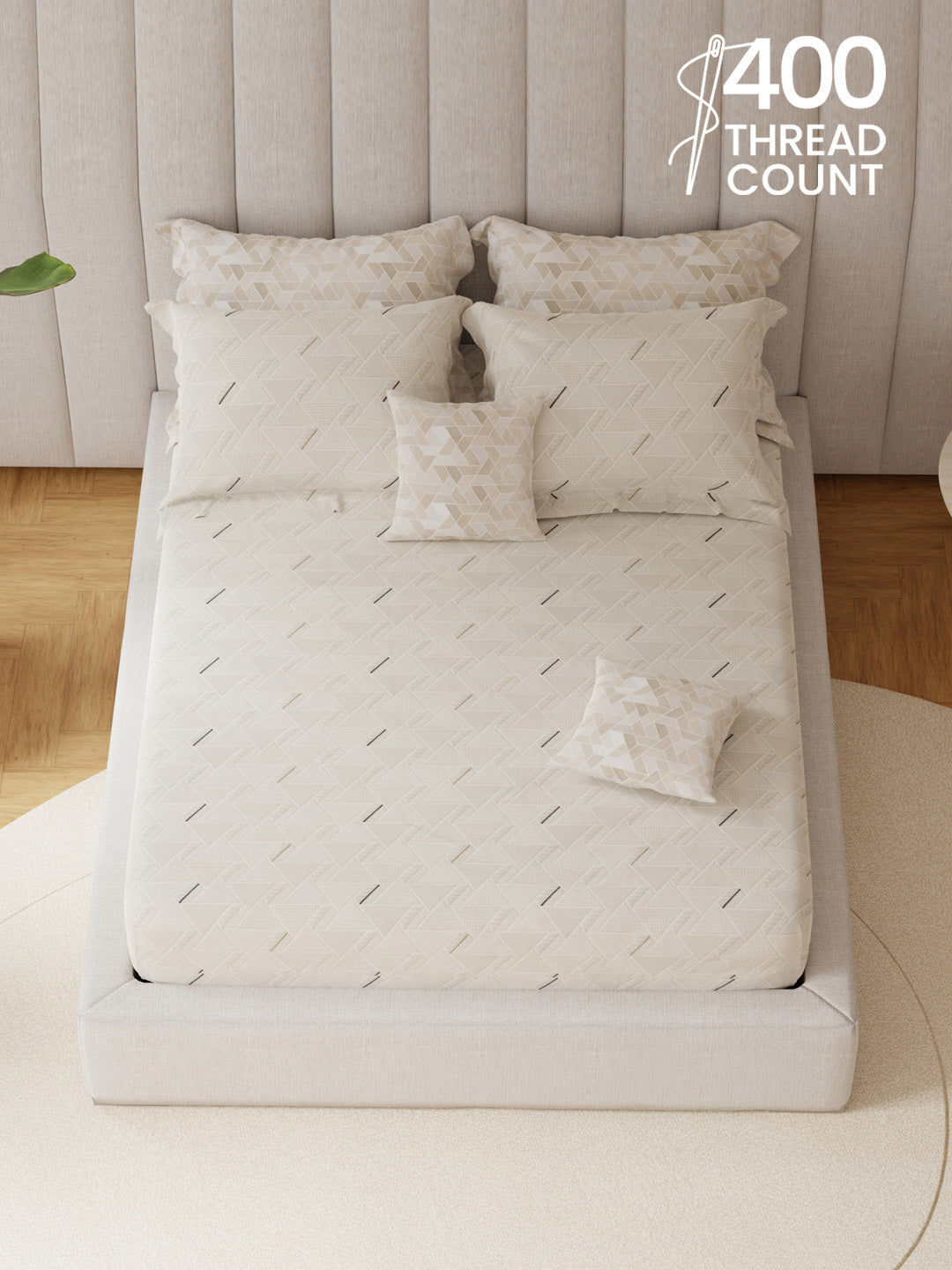 100% Cotton King Bedsheet Set with 4 Pillow Covers & 2 Cushion Covers, 400 TC Beige Geometrical, Royal Essence