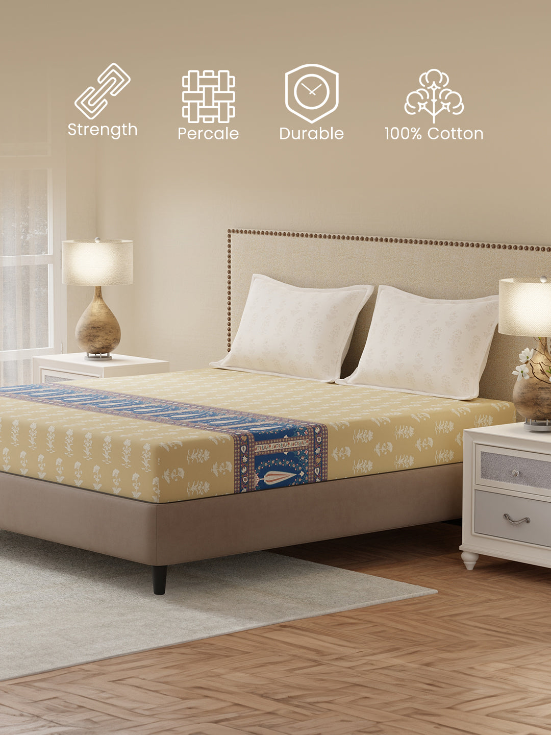 King Bedsheet Set, 100% Cotton 200 TC, Light Yellow Floral, Valatia Tarang