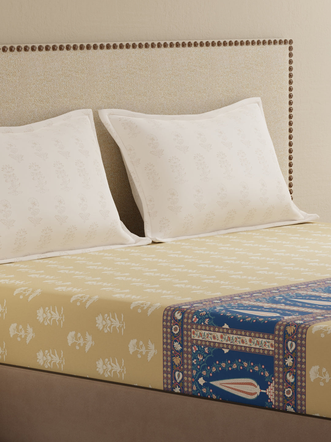 King Bedsheet Set, 100% Cotton 200 TC, Light Yellow Floral, Valatia Tarang