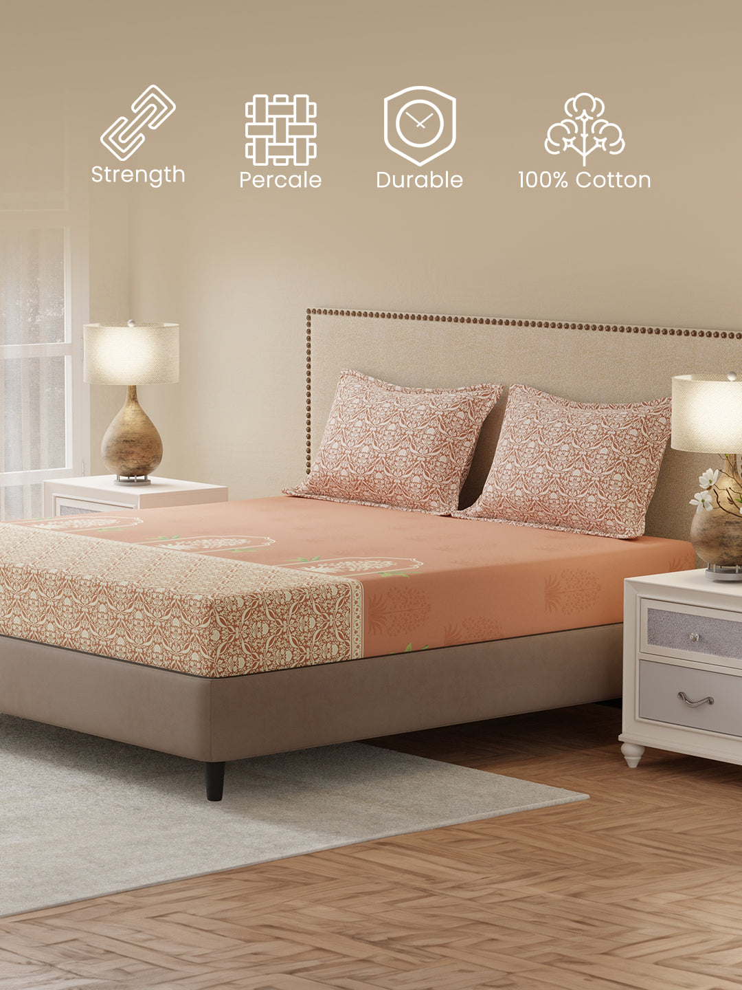 King Bedsheet Set, 100% Cotton 200 TC, Brown Floral, Valatia Tarang