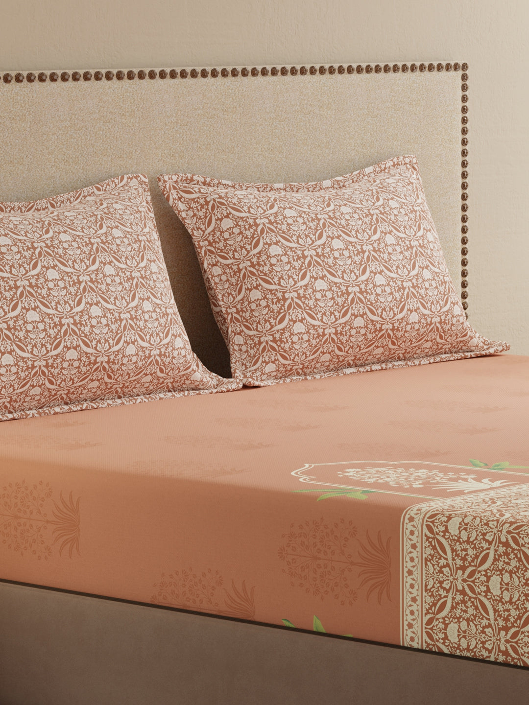 King Bedsheet Set, 100% Cotton 200 TC, Brown Floral, Valatia Tarang