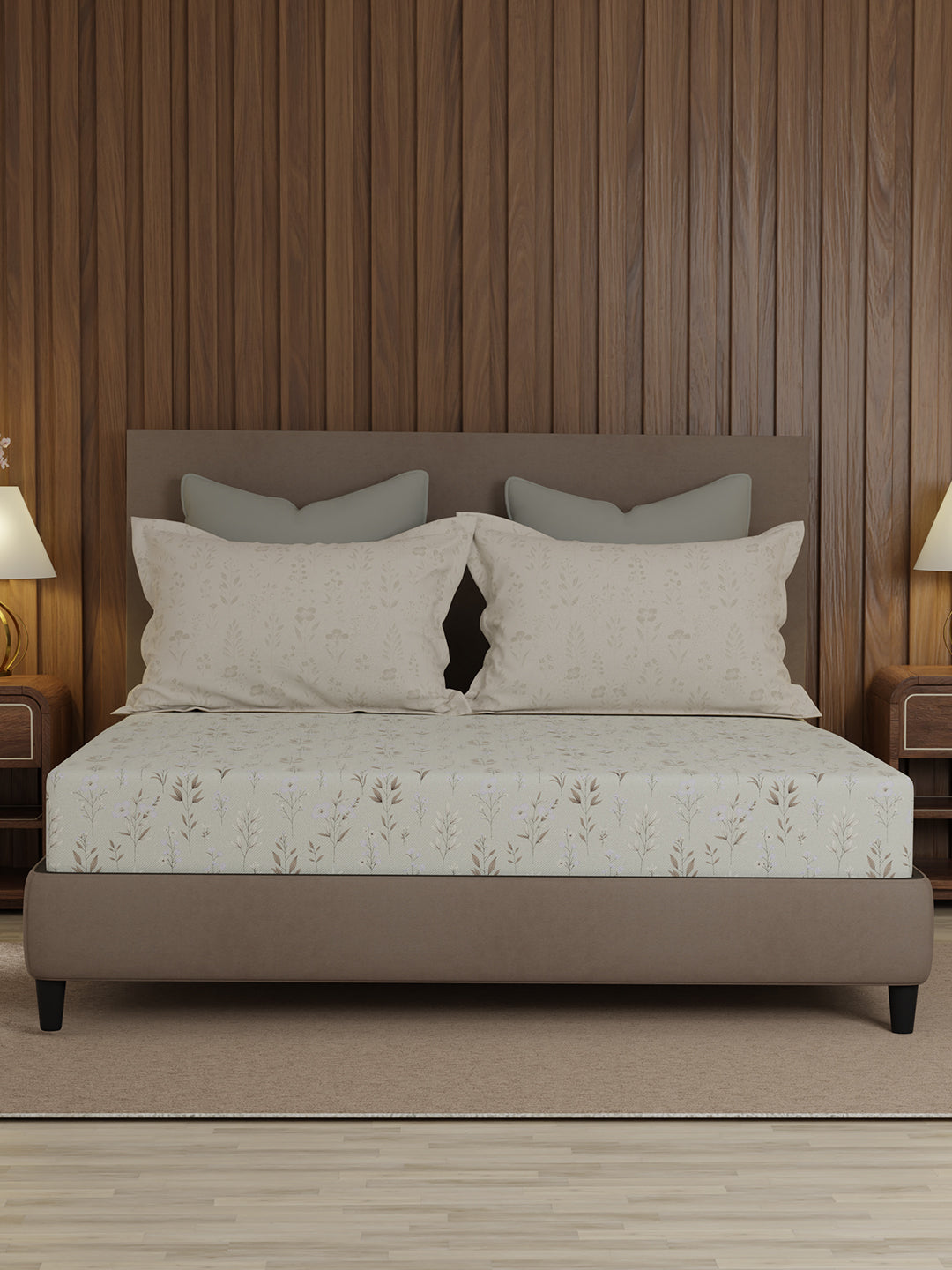 100% Cotton 200 TC, King Size Grey Bedsheet with 2 Pillow Covers, Valatia Collection (Floral Print)