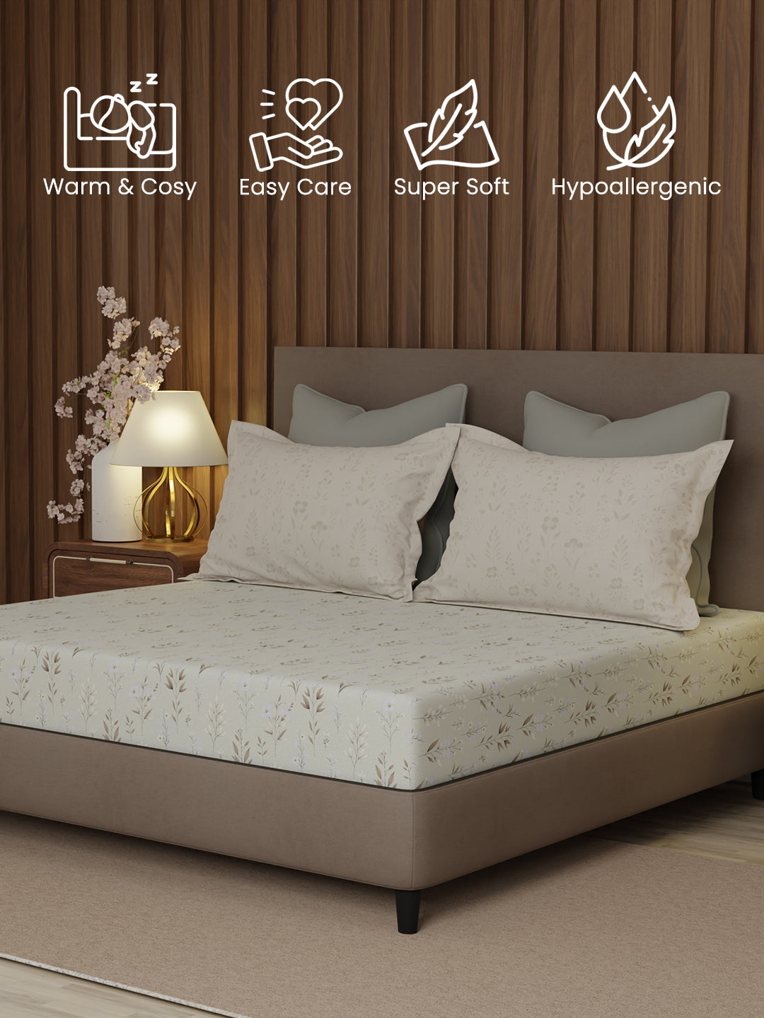 100% Cotton 200 TC, King Size Grey Bedsheet with 2 Pillow Covers, Valatia Collection (Floral Print)