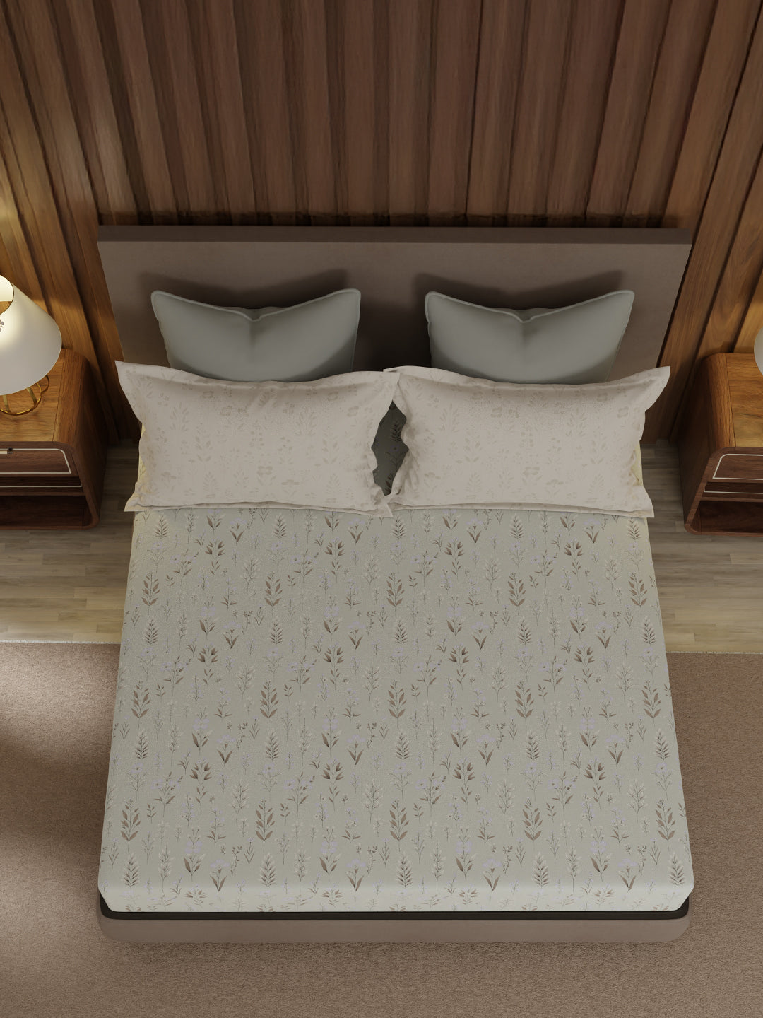 100% Cotton 200 TC, King Size Grey Bedsheet with 2 Pillow Covers, Valatia Collection (Floral Print)