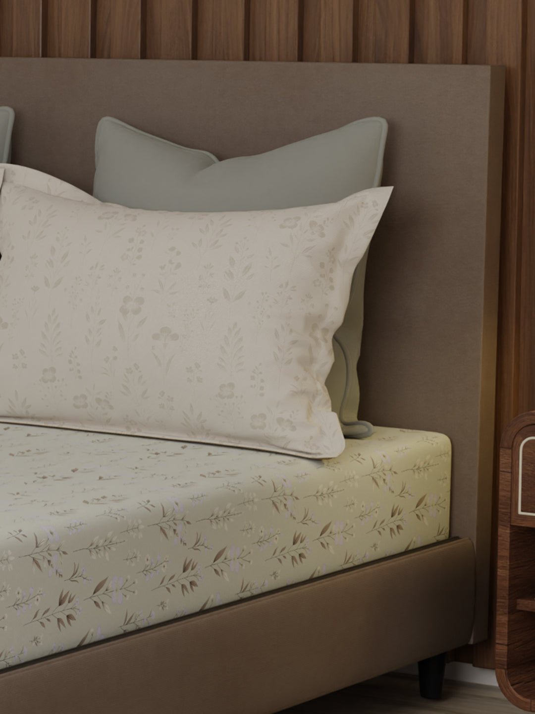 100% Cotton 200 TC, King Size Grey Bedsheet with 2 Pillow Covers, Valatia Collection (Floral Print)