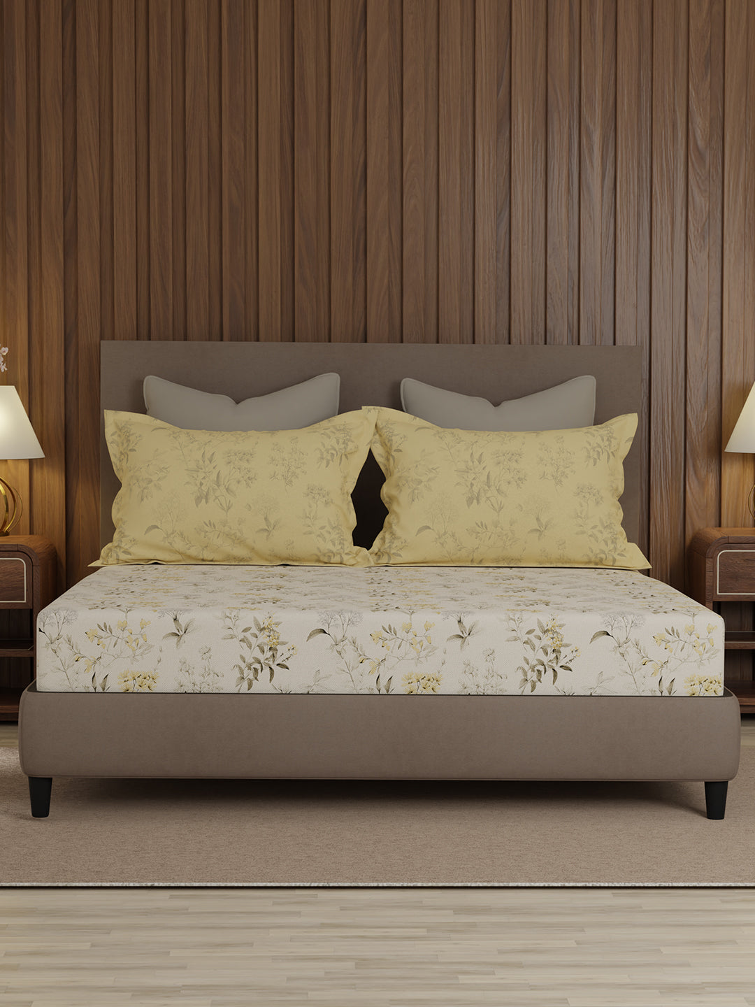 100% Cotton 200 TC, King Size Yellow & White Bedsheet with 2 Pillow Covers, Valatia Collection (Floral Print)