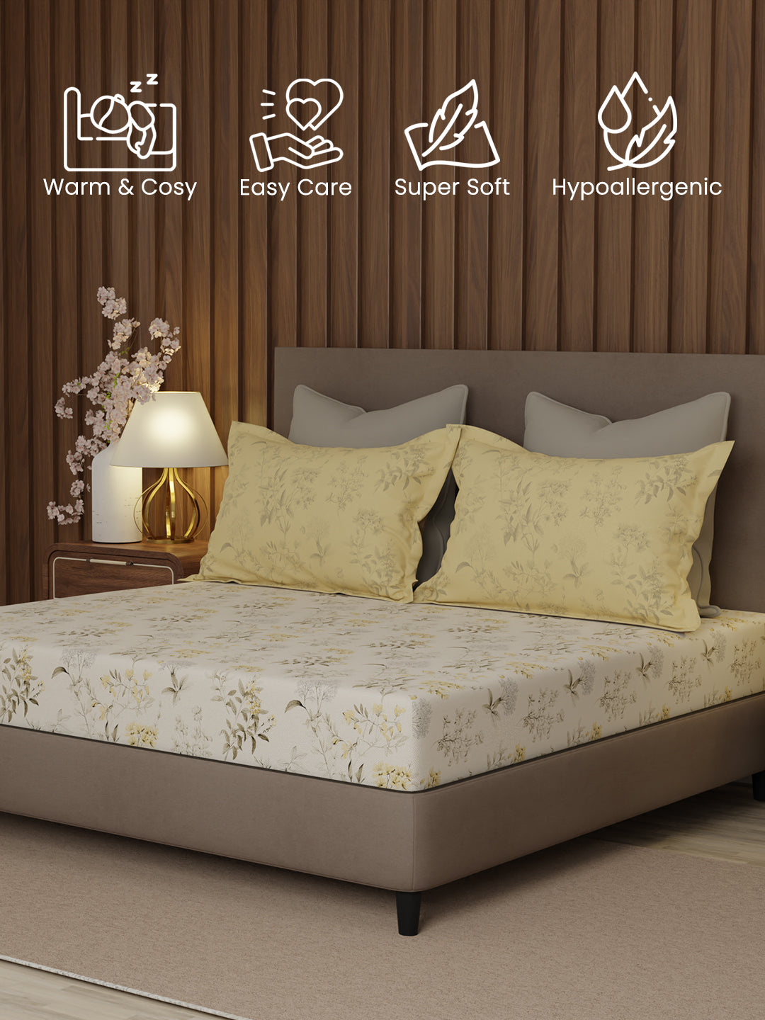100% Cotton 200 TC, King Size Yellow & White Bedsheet with 2 Pillow Covers, Valatia Collection (Floral Print)