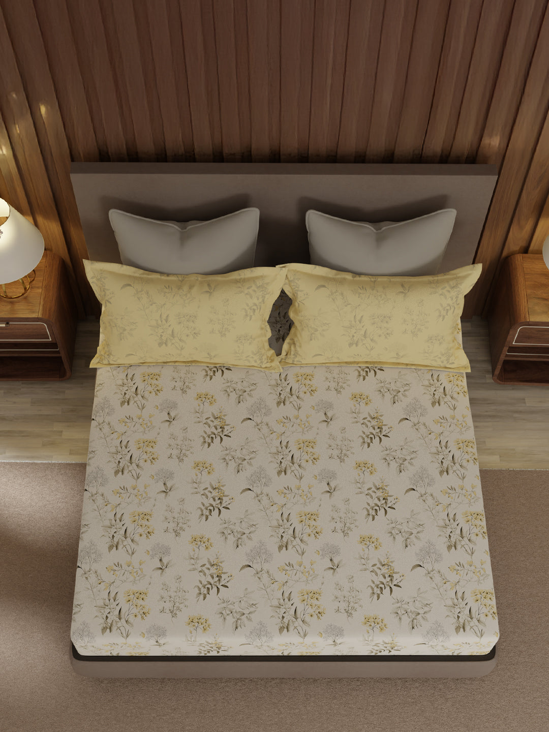 100% Cotton 200 TC, King Size Yellow & White Bedsheet with 2 Pillow Covers, Valatia Collection (Floral Print)
