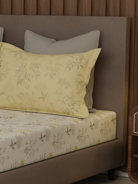 100% Cotton 200 TC, King Size Yellow & White Bedsheet with 2 Pillow Covers, Valatia Collection (Floral Print)