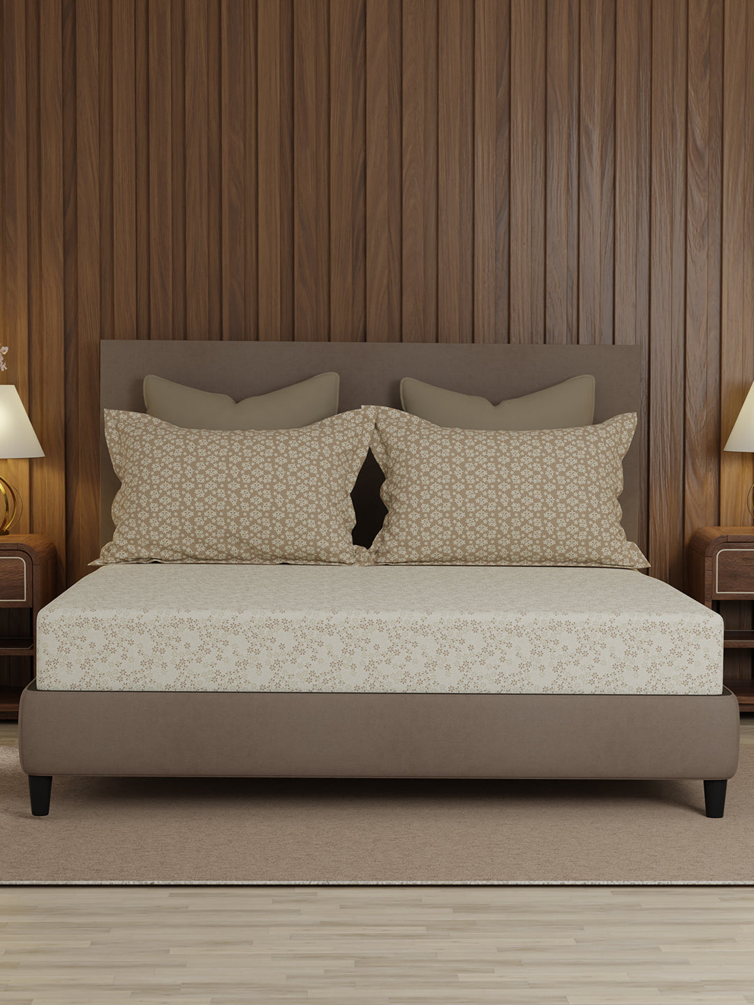 100% Cotton 200 TC, King Size Beige Bedsheet with 2 Pillow Covers, Valatia Collection (Floral Print)