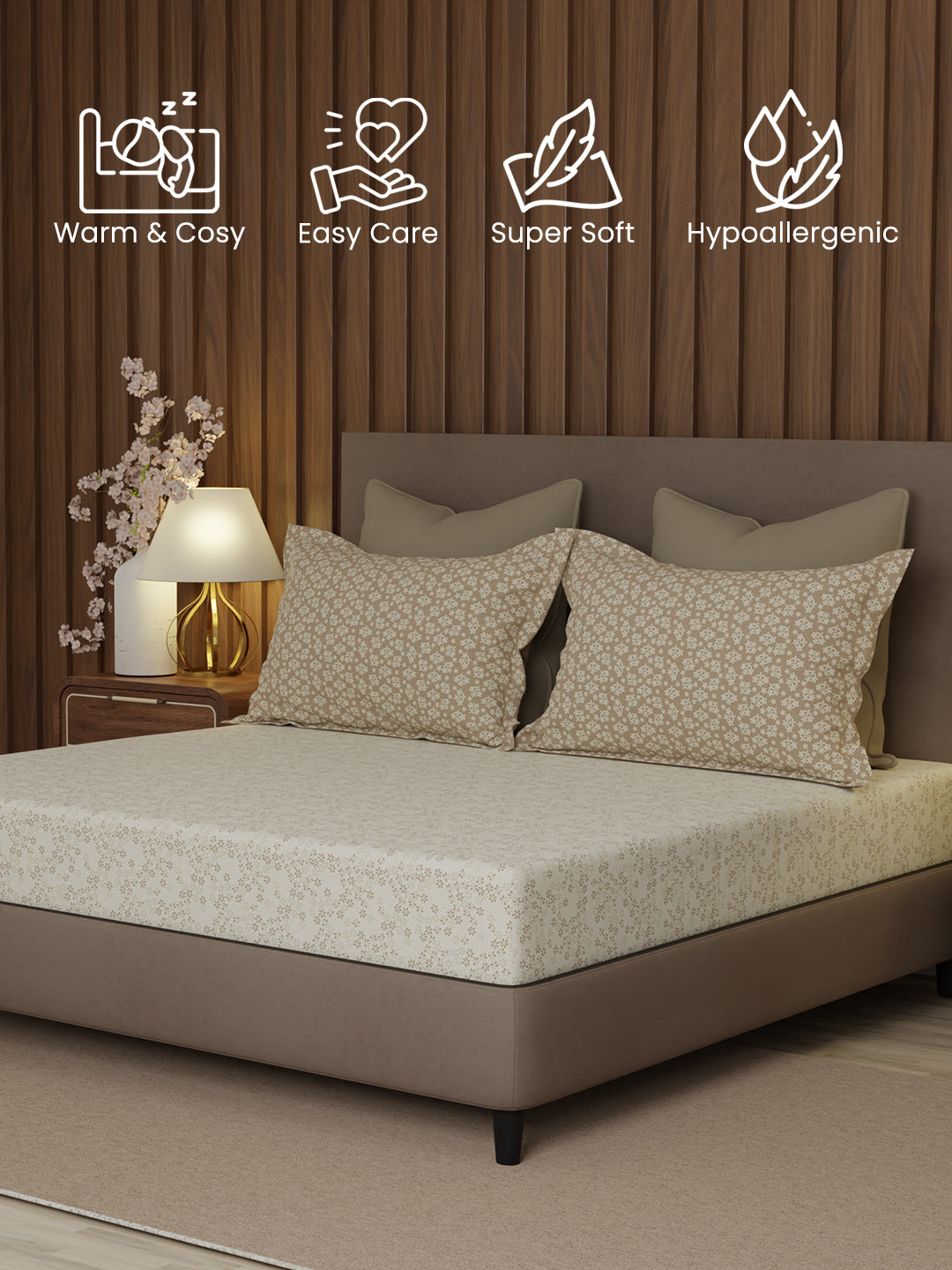 100% Cotton 200 TC, King Size Beige Bedsheet with 2 Pillow Covers, Valatia Collection (Floral Print)