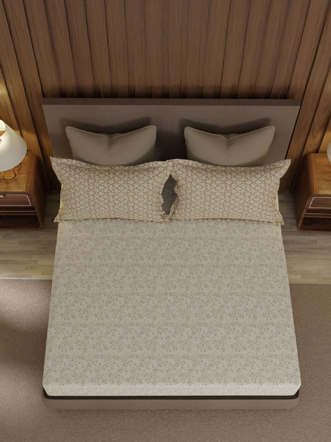 100% Cotton 200 TC, King Size Beige Bedsheet with 2 Pillow Covers, Valatia Collection (Floral Print)