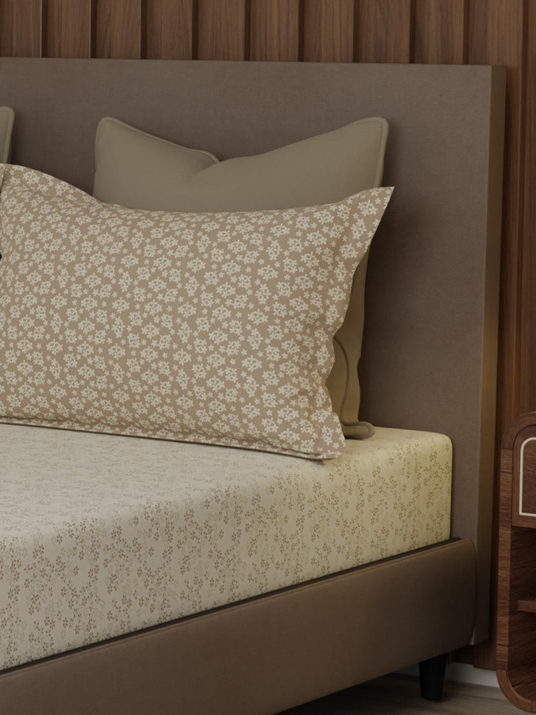 100% Cotton 200 TC, King Size Beige Bedsheet with 2 Pillow Covers, Valatia Collection (Floral Print)