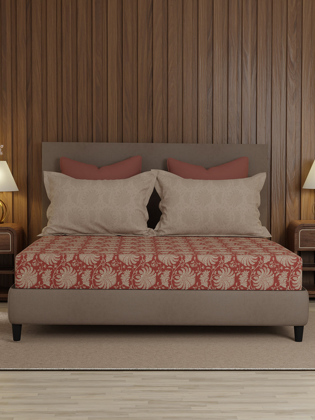 100% Cotton 200 TC, King Size Brown Bedsheet with 2 Pillow Covers, Valatia Collection (Floral Print)