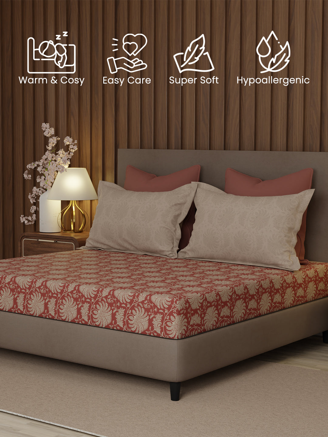 100% Cotton 200 TC, King Size Brown Bedsheet with 2 Pillow Covers, Valatia Collection (Floral Print)