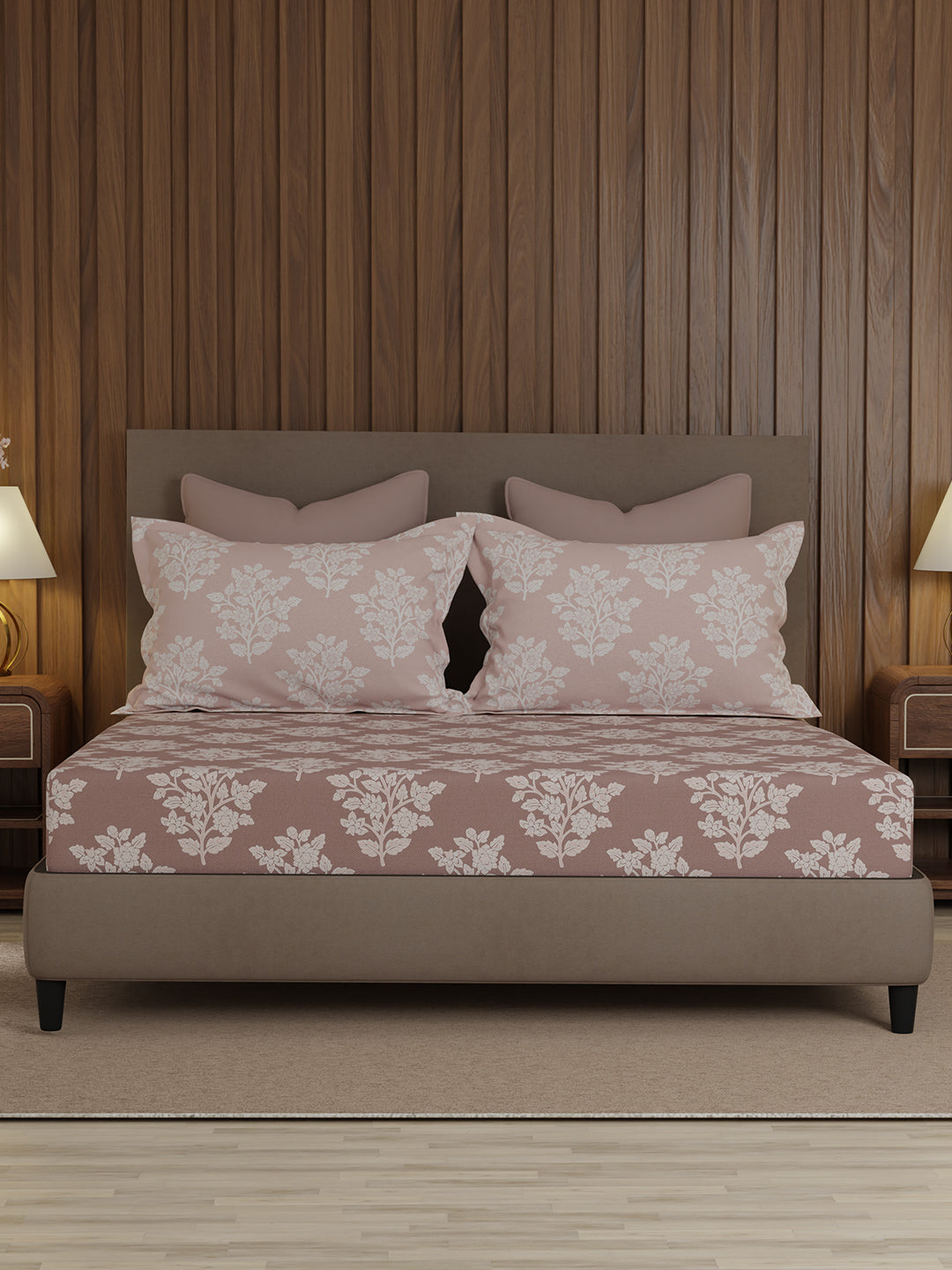 100% Cotton 200 TC, King Size Grey Bedsheet with 2 Pillow Covers, Valatia Collection (Floral Print)