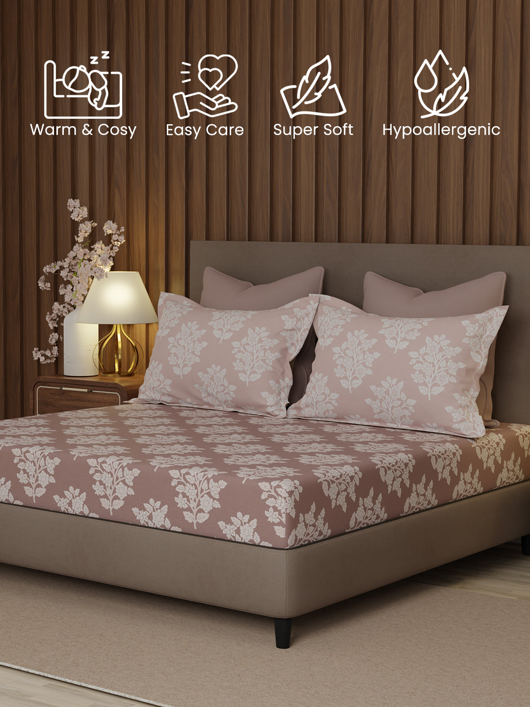 100% Cotton 200 TC, King Size Grey Bedsheet with 2 Pillow Covers, Valatia Collection (Floral Print)