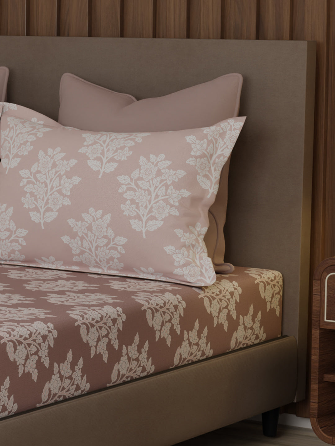 100% Cotton 200 TC, King Size Grey Bedsheet with 2 Pillow Covers, Valatia Collection (Floral Print)