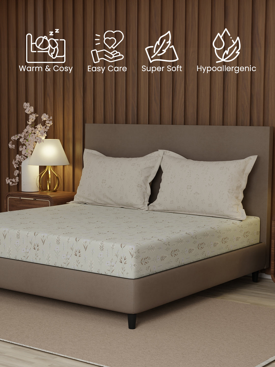 100% Cotton 200 TC, Grey Floral, King Size Fitted Sheet with 2 Pillow Covers - Valatia Collection