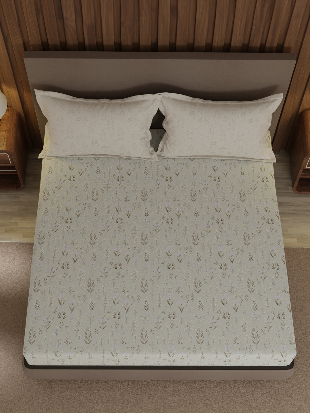 100% Cotton 200 TC, Grey Floral, King Size Fitted Sheet with 2 Pillow Covers - Valatia Collection