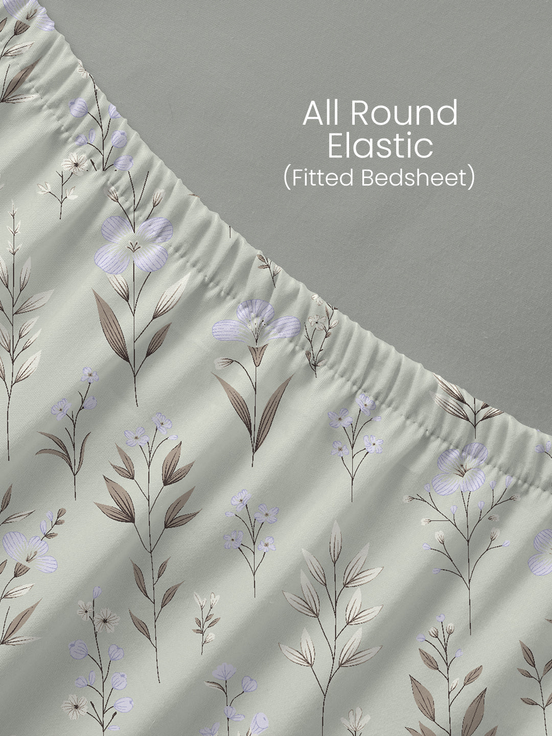 100% Cotton 200 TC, Grey Floral, King Size Fitted Sheet with 2 Pillow Covers - Valatia Collection