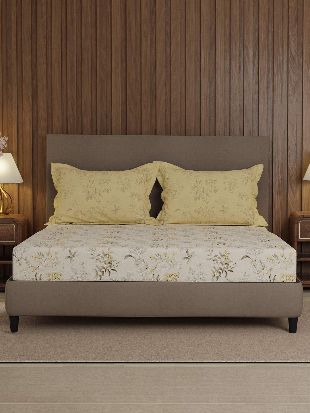 100% Cotton 200 TC, Yellow & White Floral, King Size Fitted Sheet with 2 Pillow Covers - Valatia Collection