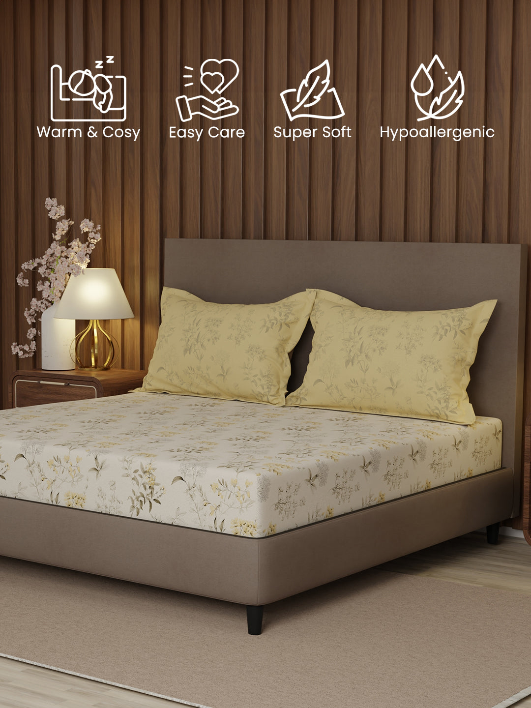 100% Cotton 200 TC, Yellow & White Floral, King Size Fitted Sheet with 2 Pillow Covers - Valatia Collection