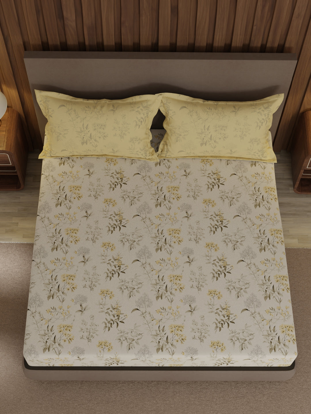 100% Cotton 200 TC, Yellow & White Floral, King Size Fitted Sheet with 2 Pillow Covers - Valatia Collection