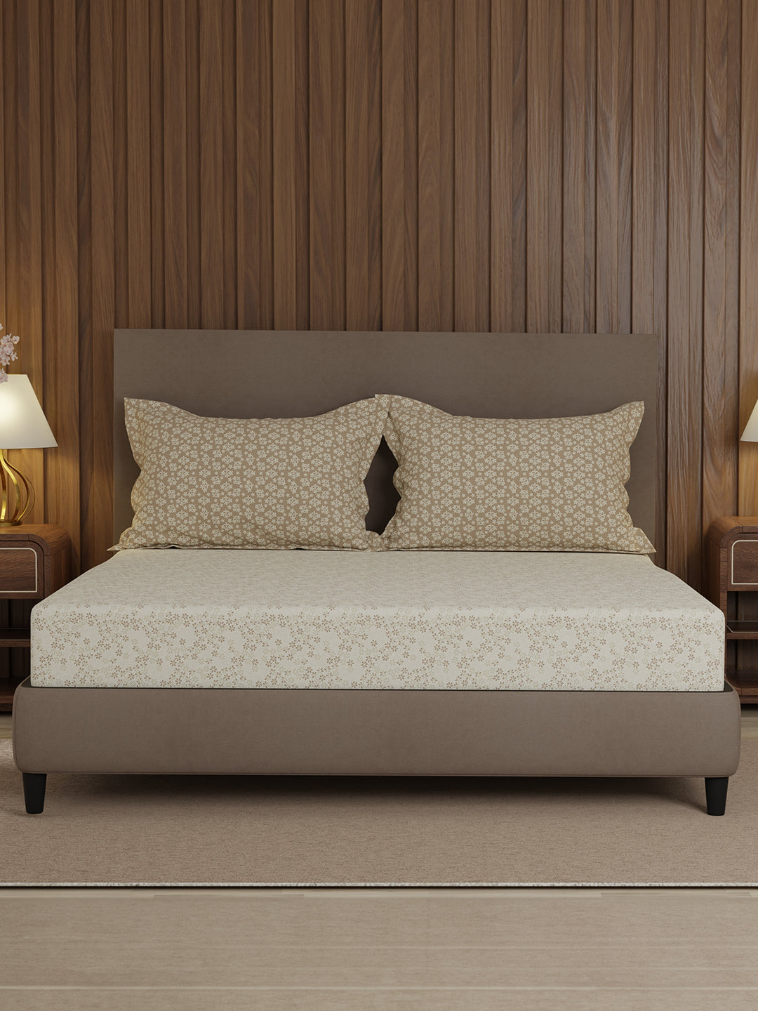 100% Cotton 200 TC, Beige Floral, King Size Fitted Sheet with 2 Pillow Covers - Valatia Collection