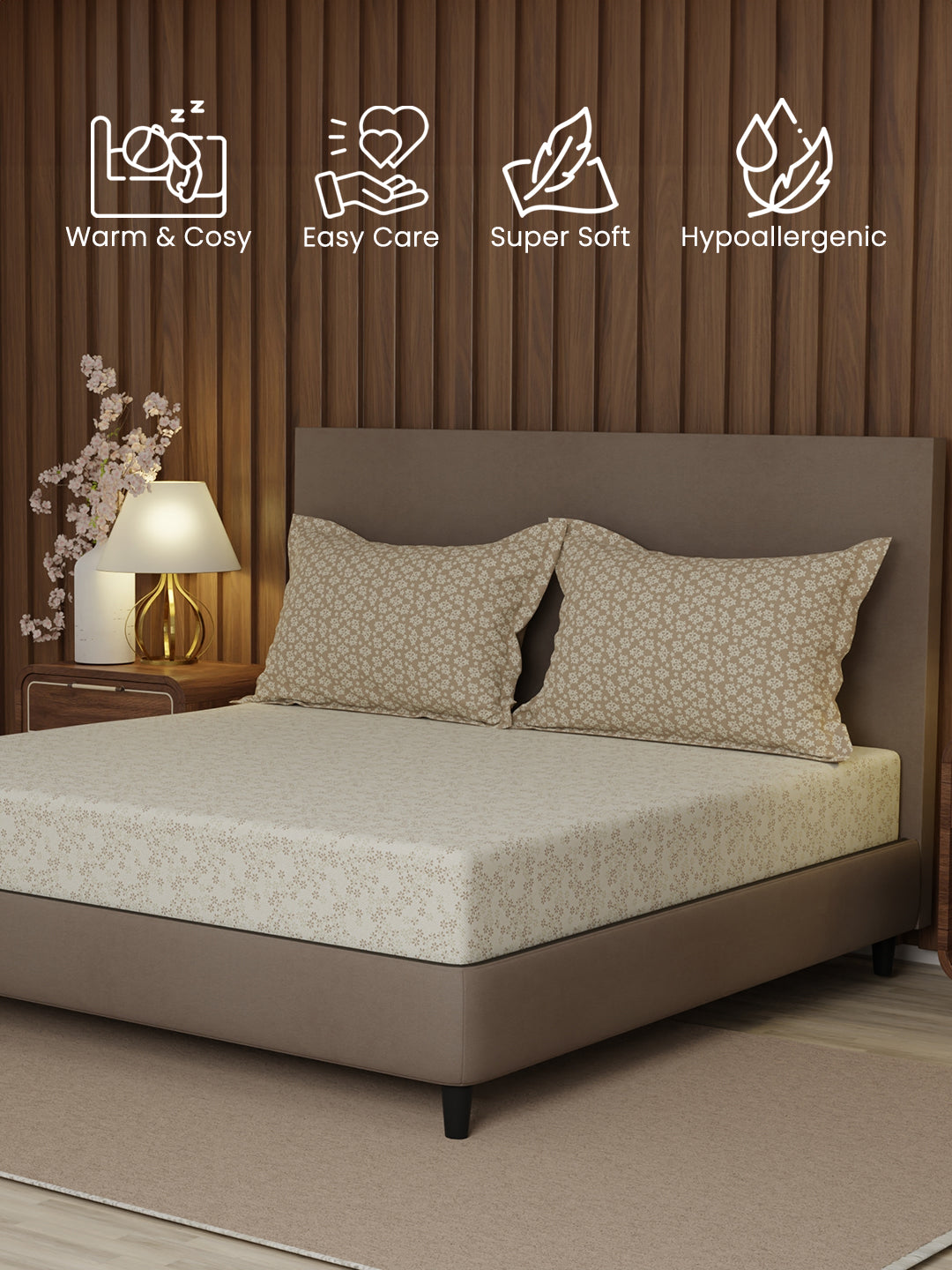 100% Cotton 200 TC, Beige Floral, King Size Fitted Sheet with 2 Pillow Covers - Valatia Collection