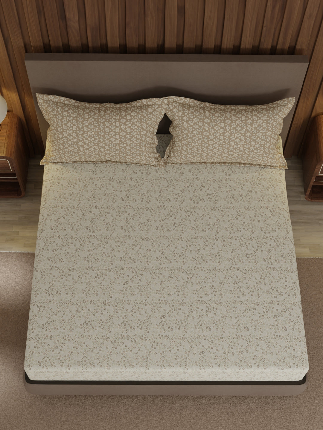 100% Cotton 200 TC, Beige Floral, King Size Fitted Sheet with 2 Pillow Covers - Valatia Collection