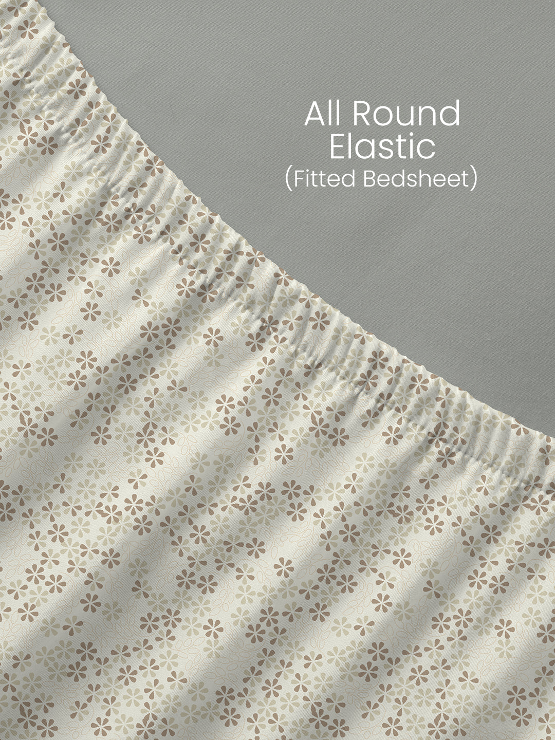 100% Cotton 200 TC, Beige Floral, King Size Fitted Sheet with 2 Pillow Covers - Valatia Collection