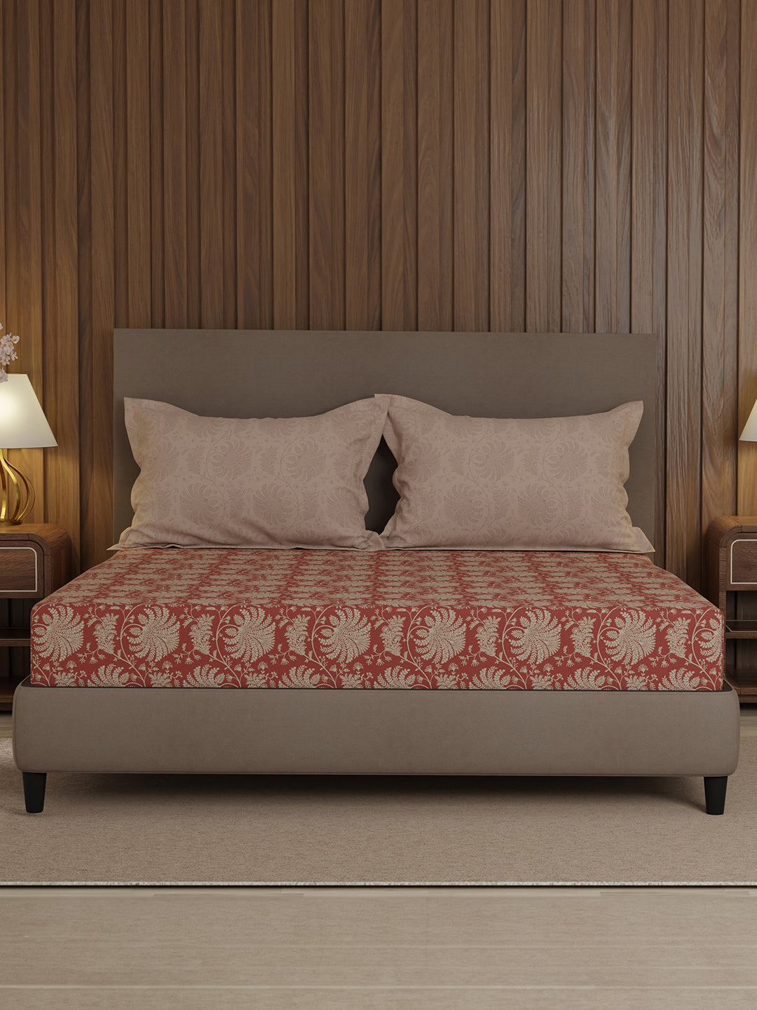 100% Cotton 200 TC, Brown Floral, King Size Fitted Sheet with 2 Pillow Covers - Valatia Collection