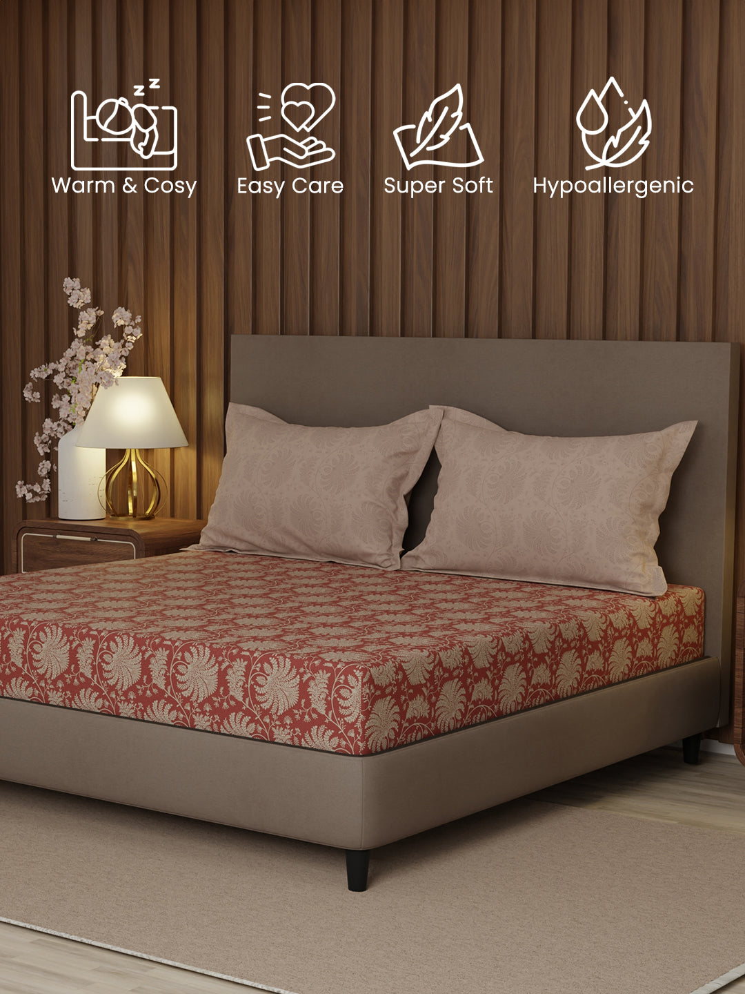 100% Cotton 200 TC, Brown Floral, King Size Fitted Sheet with 2 Pillow Covers - Valatia Collection