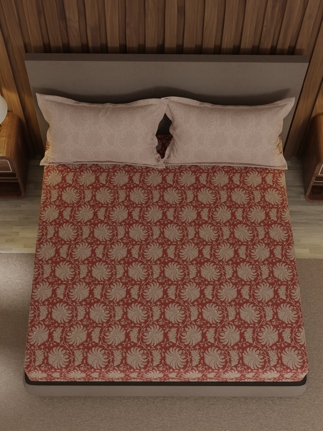 100% Cotton 200 TC, Brown Floral, King Size Fitted Sheet with 2 Pillow Covers - Valatia Collection