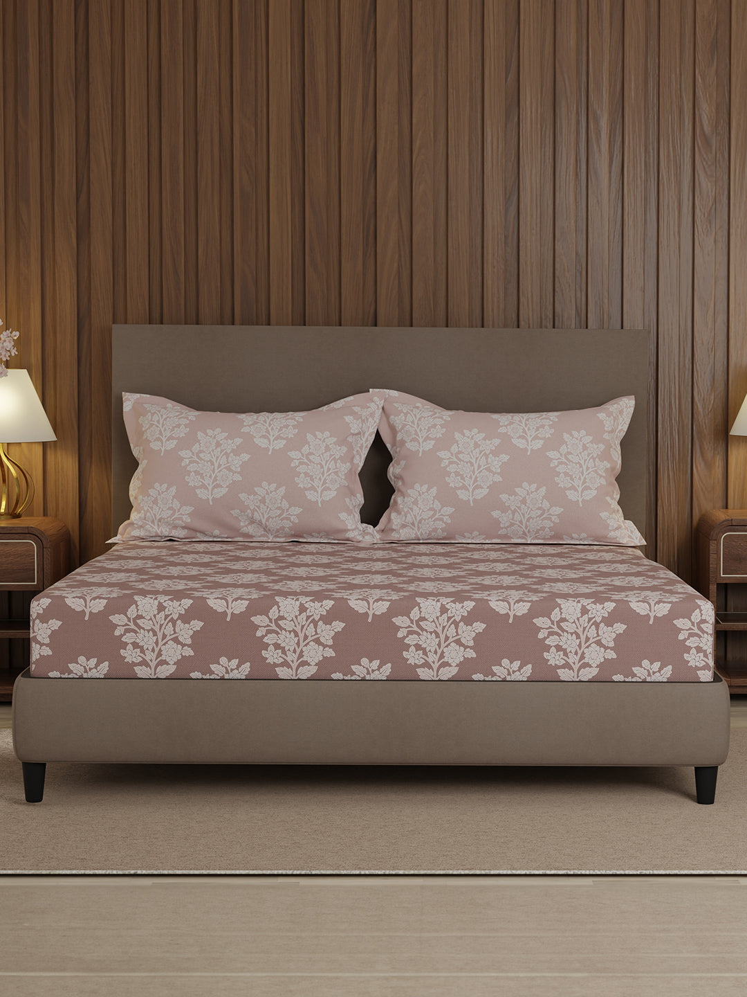 100% Cotton 200 TC, Grey Floral, King Size Fitted Sheet with 2 Pillow Covers - Valatia Collection