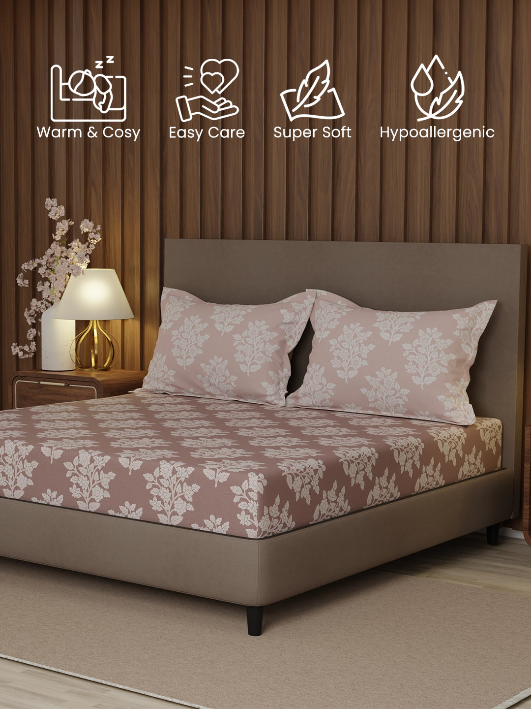 100% Cotton 200 TC, Grey Floral, King Size Fitted Sheet with 2 Pillow Covers - Valatia Collection