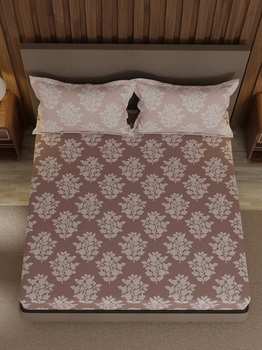 100% Cotton 200 TC, Grey Floral, King Size Fitted Sheet with 2 Pillow Covers - Valatia Collection