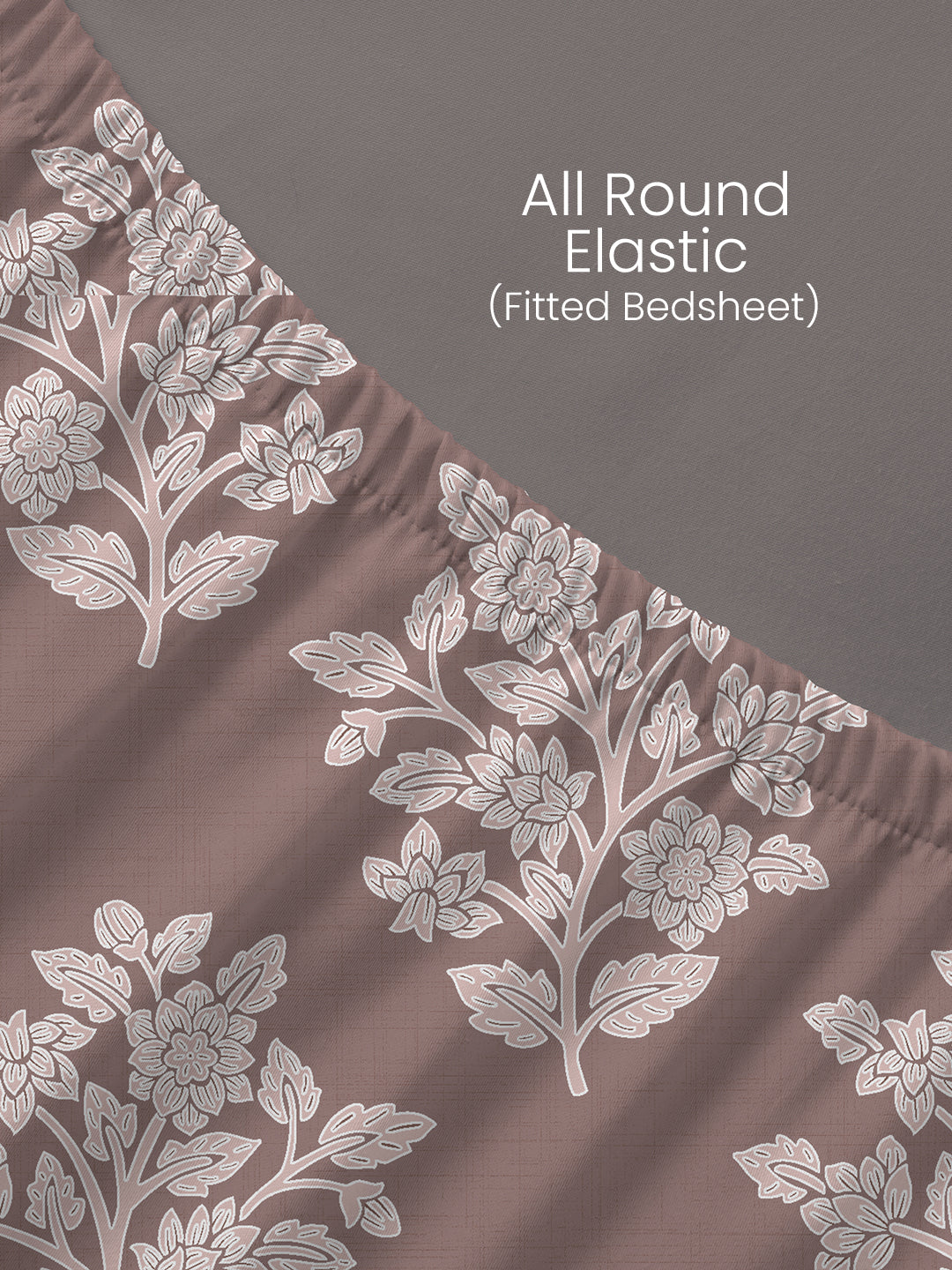 100% Cotton 200 TC, Grey Floral, King Size Fitted Sheet with 2 Pillow Covers - Valatia Collection