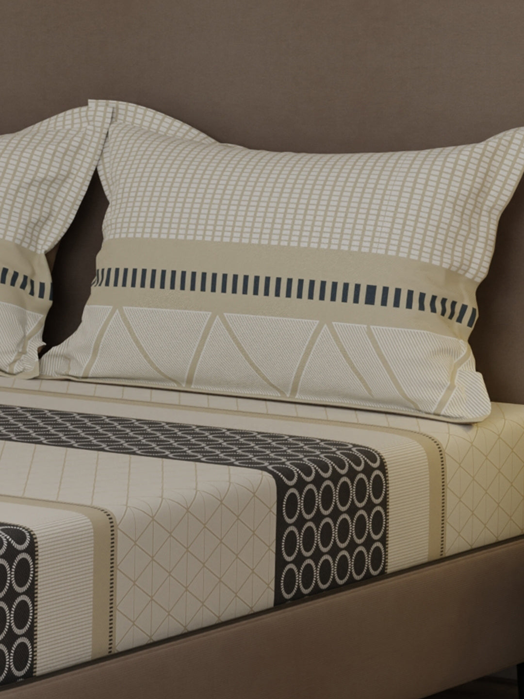 100% Cotton 200 TC, Grey Geometric Print, King Bedsheet with 2 Pillow Covers, Valatia Collection