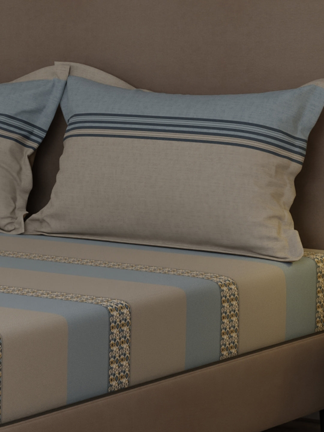 100% Cotton 200 TC, Grey & Blue Geometric Print, King Bedsheet with 2 Pillow Covers, Valatia Collection