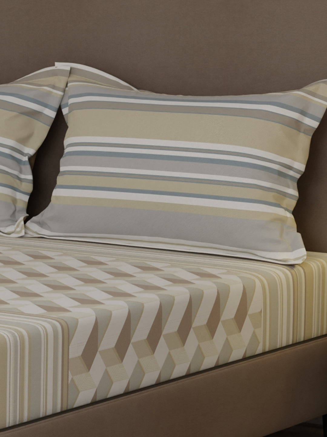 100% Cotton 200 TC, Beige Geometric Print, King Bedsheet with 2 Pillow Covers, Valatia Collection