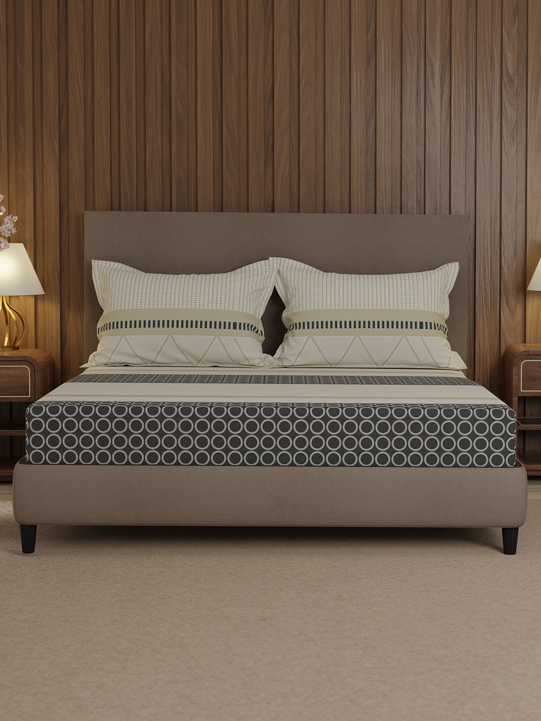 100% Cotton 200 TC, Grey Geometric Print, King Fitted Sheet with 2 Pillow Covers, Valatia Collection