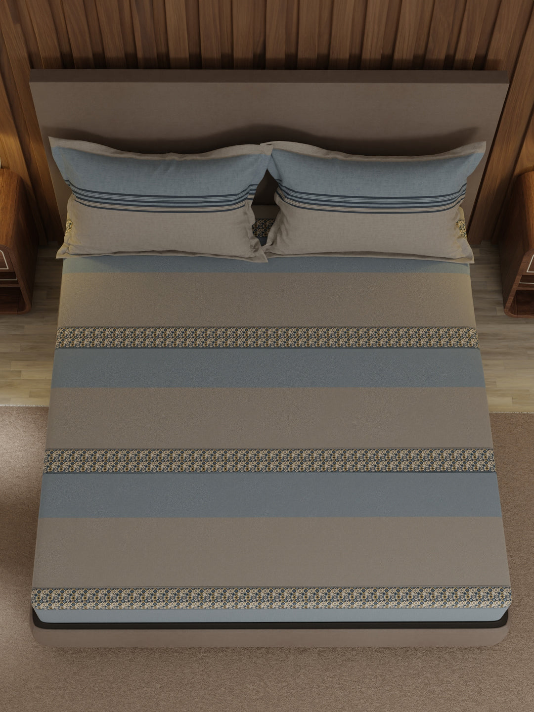 100% Cotton 200 TC, Grey & Blue Geometric Print, King Fitted Sheet with 2 Pillow Covers, Valatia Collection