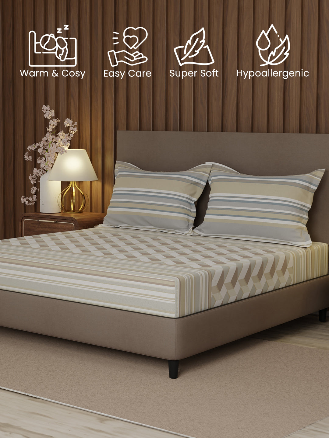 100% Cotton 200 TC, Beige Geometric Print, King Fitted Sheet with 2 Pillow Covers, Valatia Collection