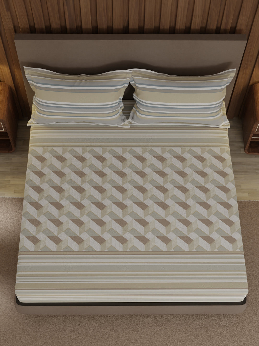 100% Cotton 200 TC, Beige Geometric Print, King Fitted Sheet with 2 Pillow Covers, Valatia Collection