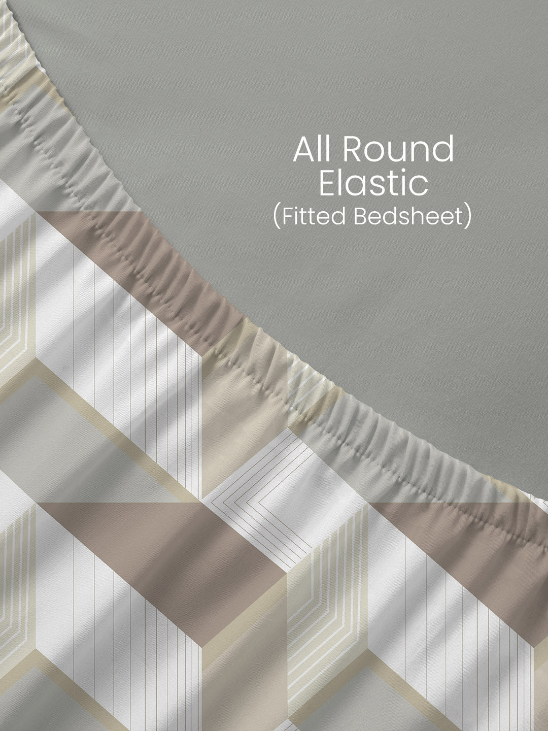 100% Cotton 200 TC, Beige Geometric Print, King Fitted Sheet with 2 Pillow Covers, Valatia Collection