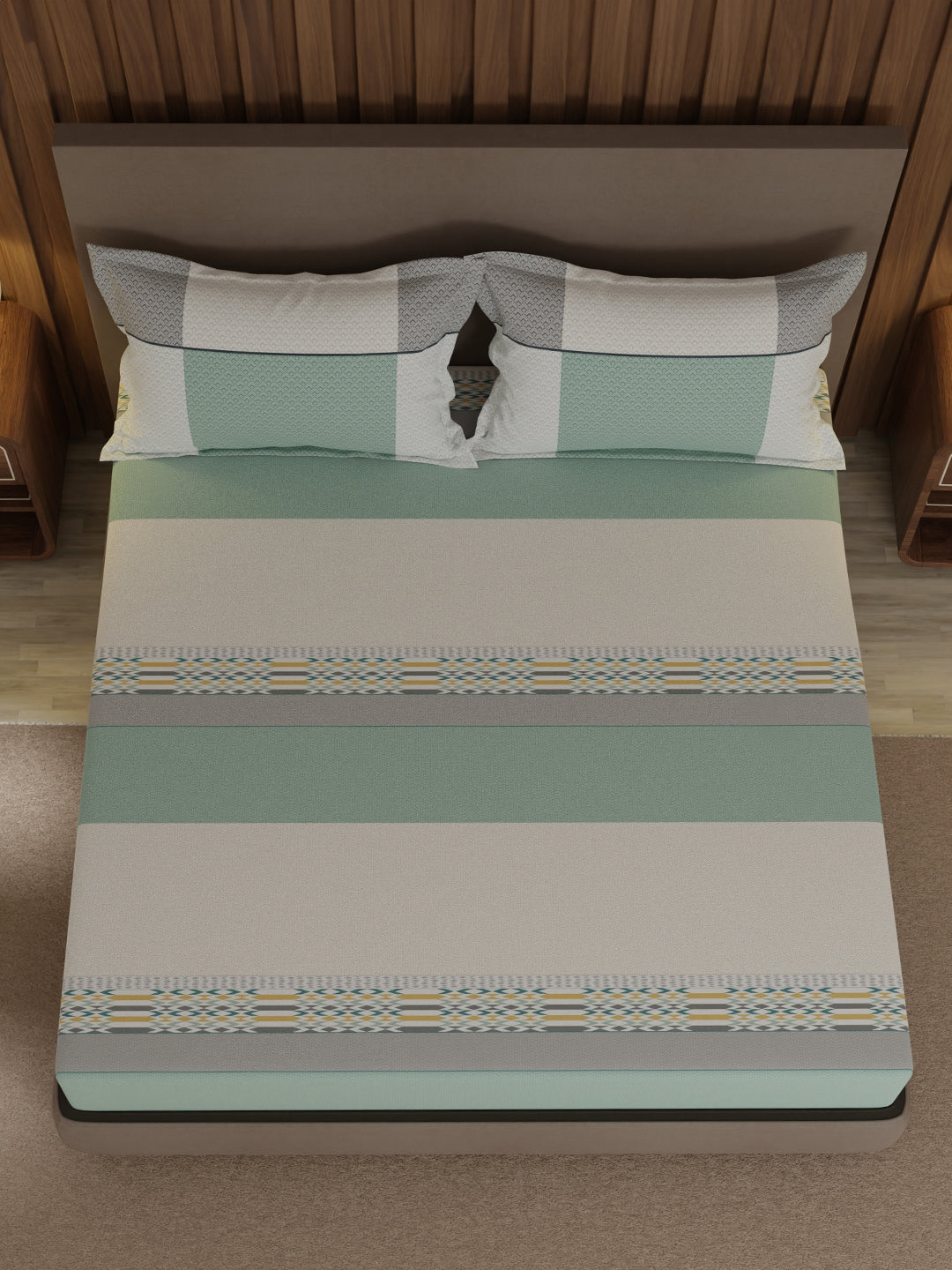 100% Cotton 200 TC, Multicolor Geometric Print, King Fitted Sheet with 2 Pillow Covers, Valatia Collection